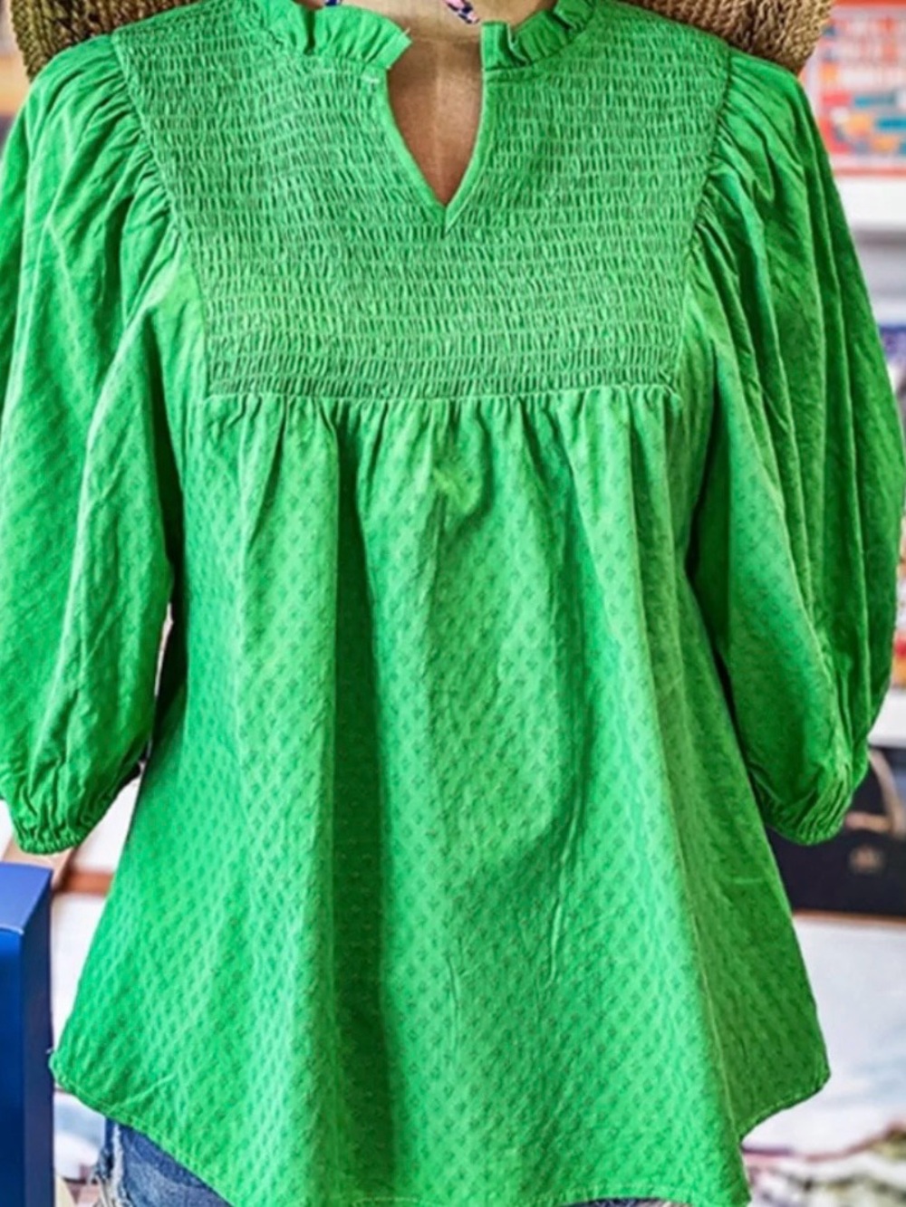 Michelle McDowell Smocked Yoke Puff-Sleeve Blouse in Green